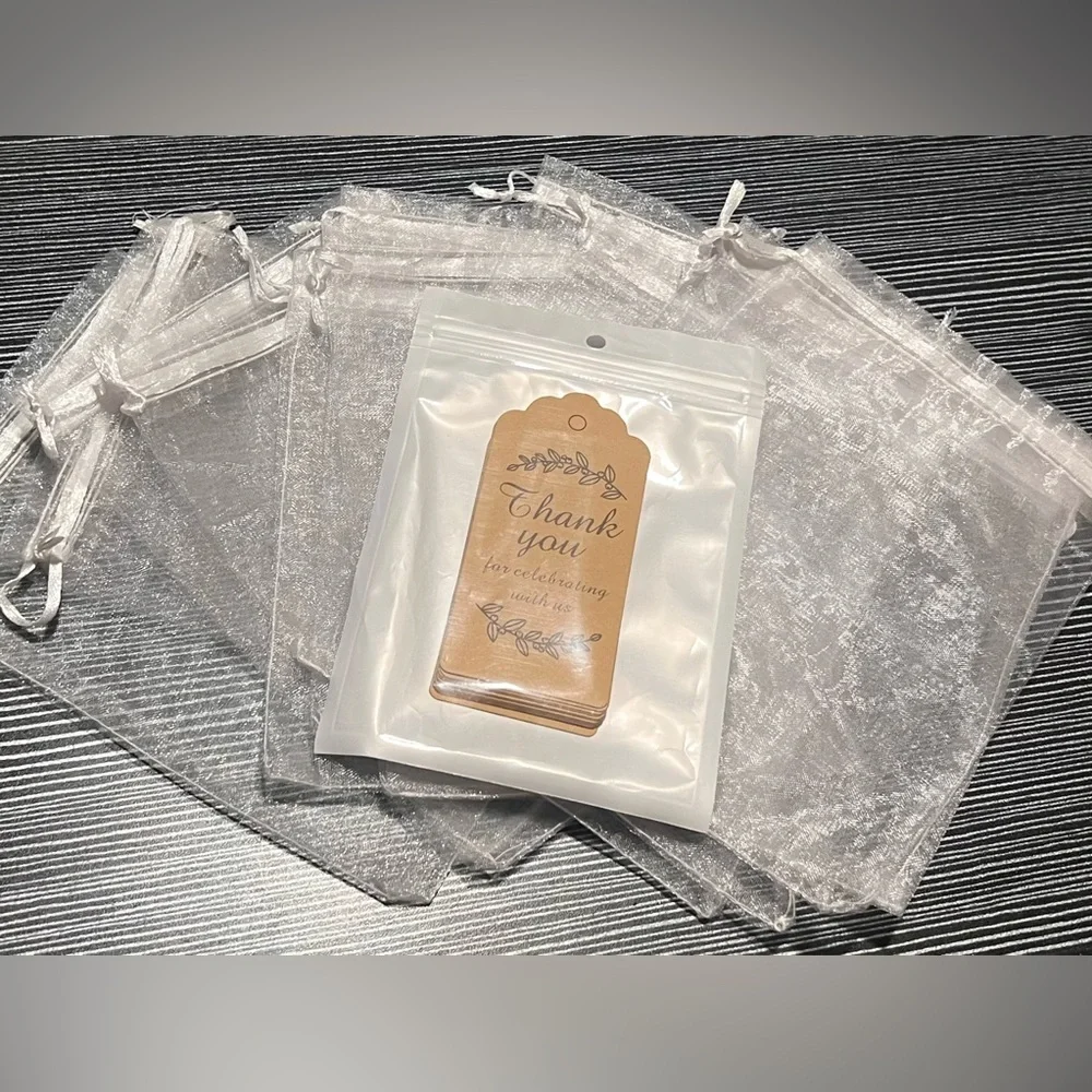 “Thank You For Celebrating With Us” Gift Tags + White Organza Gift Bags, 12 Each